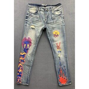 Preme Helios Printed Denim Jeans Men Size 38 X 34 Blue Orange Flame Distressed